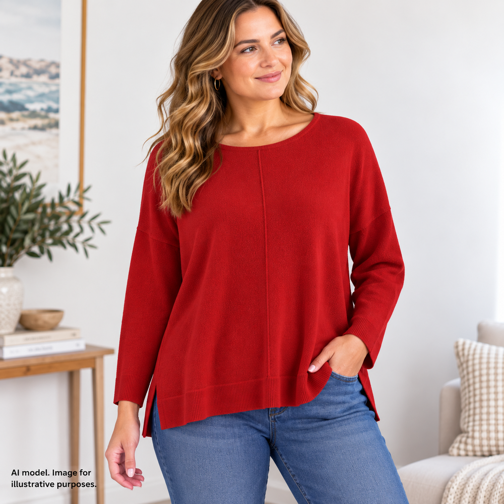 Chicos Sweater 2 Women L Red Boxy Pullover Cashmere Blend Cozy Drop Shoulder Top